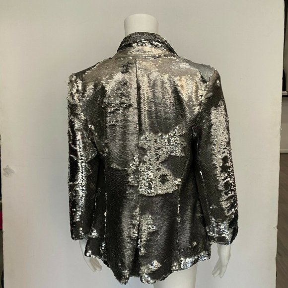 $3,850 LIBERTINE Silver Sequin 3/4 Sleeve Blazer Jacket M Medium - Picture 5 of 9